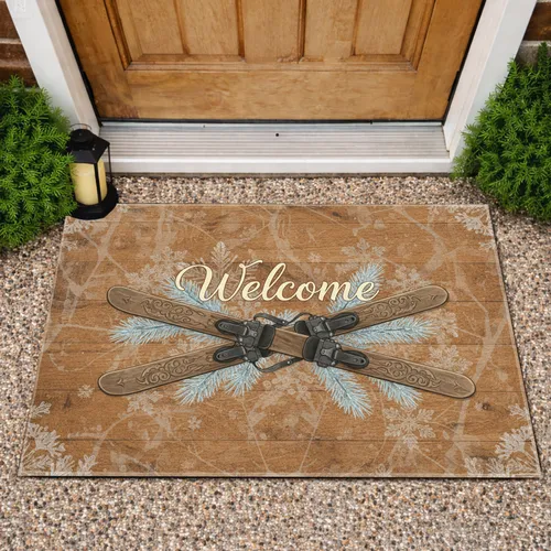Welcome Script Winter Skis - Ski Lodge Decor Gift Doormat