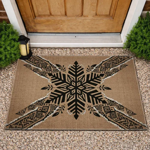 Ornate Black Snowflake Leaf Accents Tribal Geometric Shapes - Home Decor Gift Doormat