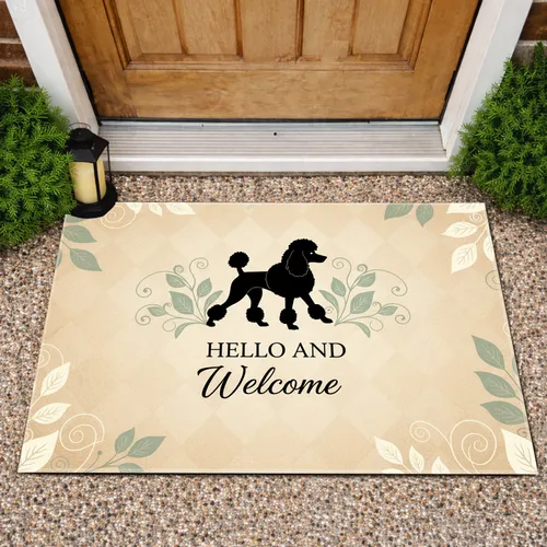 Black Poodle 'Hello And Welcome' Text Botanical Foliage - Home Decor Gift Doormat