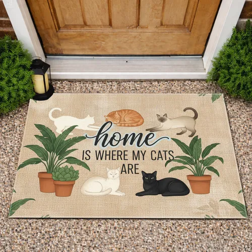 Home Is Where My Cats Are Phrase Houseplants - Cat Lover Home Decor Gift Doormat
