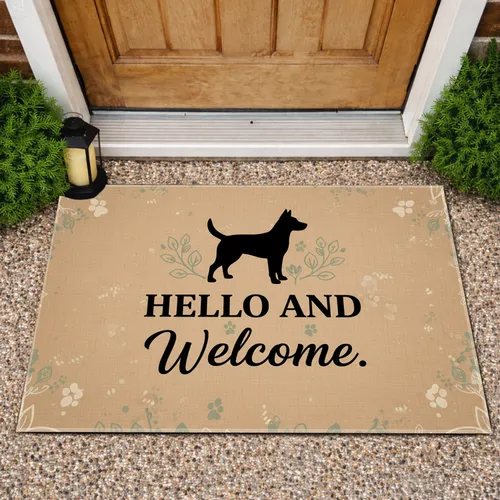 Standing Dog Silhouette Hello Welcome Botanical Paw Prints - Home Decor Gift Doormat