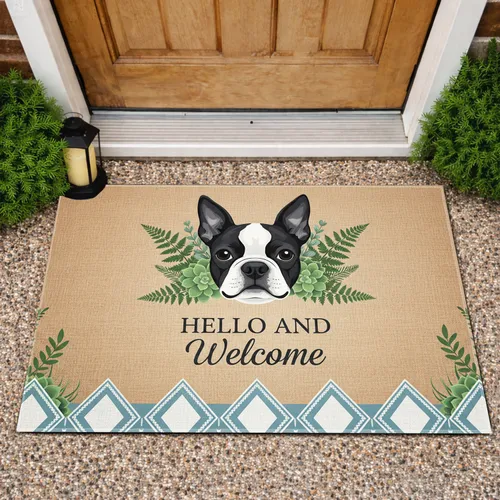 Hello Welcome Boston Terrier Botanical Diamond - Home Decor Dog Lover Gift Doormat