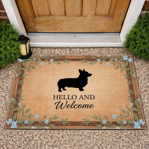 Corgi Silhouette Hello Welcome Text Leafy Branches Floral – Welcome Home Decor Gift Doormat