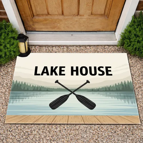 Lake House Canoe Paddles Serene Lake Forest Landscape Rustic Home Decor Gift Doormat