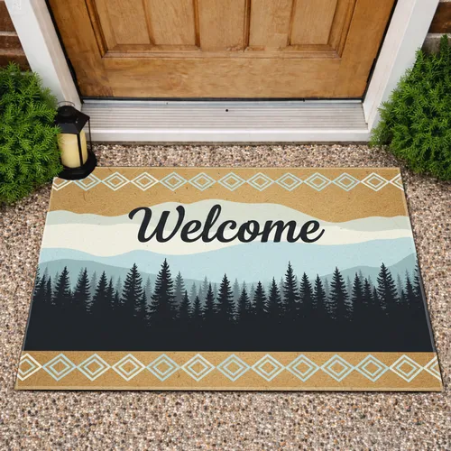 Welcome Script Pine Fir Forest Tree Line Diamond Border - Housewarming Decor Doormat