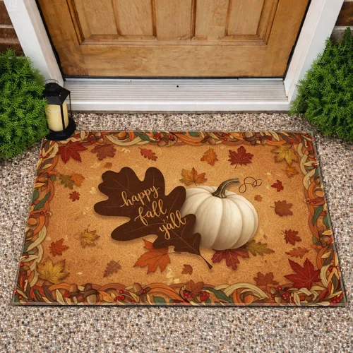 Oak Leaf Pumpkin Happy Fall Y'all - Autumn Seasonal Decor Gift Doormat