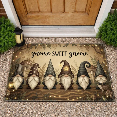 Gnome Home Garden Six Gnomes Forest Flora Mushrooms - Home Decor Gift for Gnome Lover Doormat