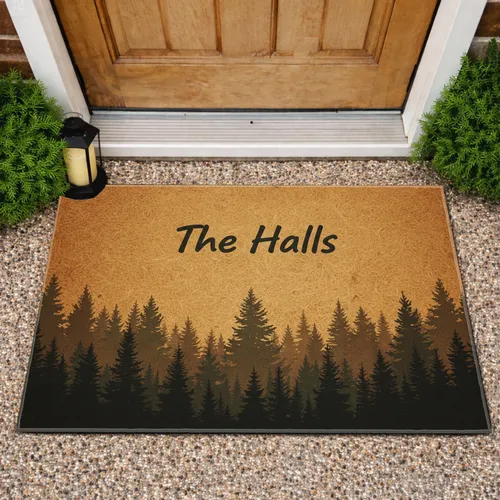 Rustic Forest Custom Family Name Silhouette - Housewarming Home Decor Gift Doormat