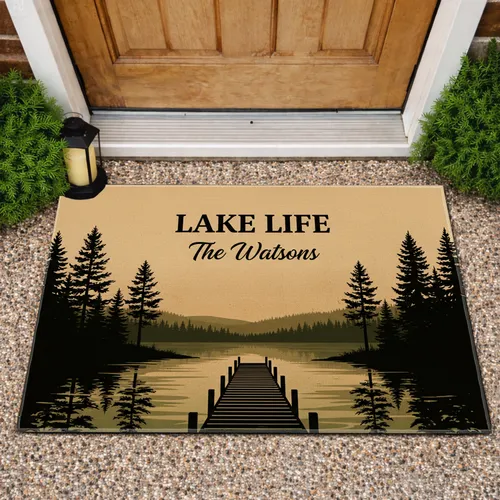 Lake Life Dock Pine Trees Lakeside Vista Custom Name - Everyday Home Decor Gift Doormat