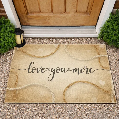 'Love You More' Script Text Hearts Burlap - Home Decor Gift Doormat