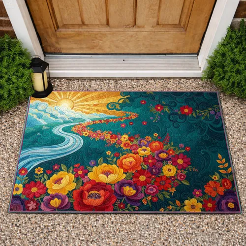 Golden Sunburst Serpentine Floral River Mountain Garden Decor Gift Doormat