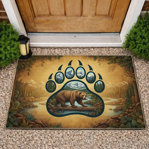 Majestic Brown Bear Paw Print Mountains River Forest Wilderness - Wildlife Lover Gift Doormat