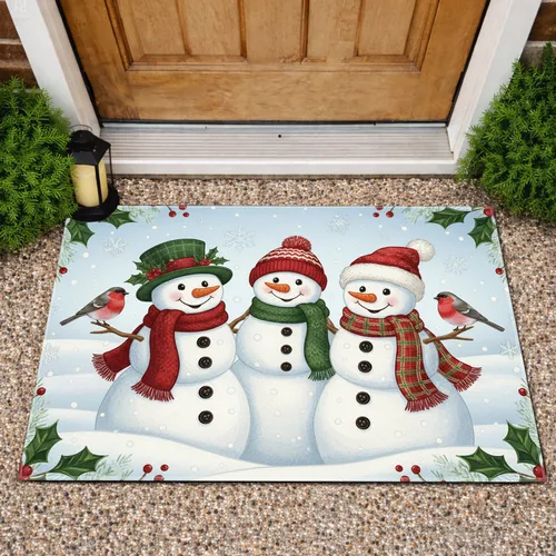 Snowmen Holly Berries Pine Boughs Winter Snowflakes Christmas Holiday Home Decor Doormat