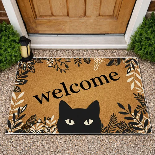 Golden Brown Natural Fiber Black Cat Welcome - Everyday Home Decor Cat Lover Gift Doormat