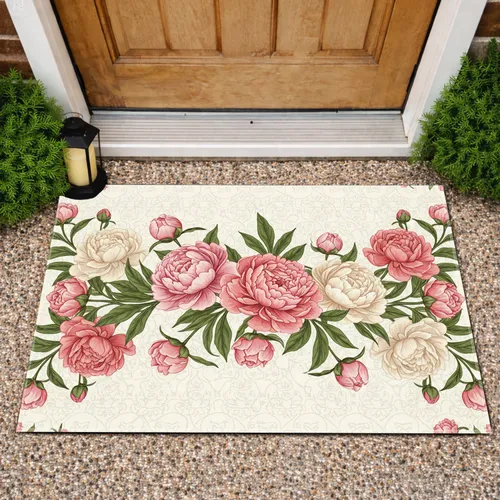Blush Pink Coral Peony Floral Green Leaf Cream Quilted - Home Decor Gift Doormat