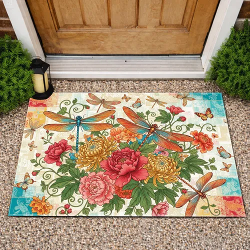 Dragonfly Floral Blooms Peony Chrysanthemum Home Decor Gift for Nature Lover Doormat