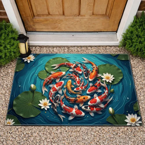 Vibrant Koi Fish Lily Pads Water Lilies Pond Garden - Outdoor Decor Gift Doormat
