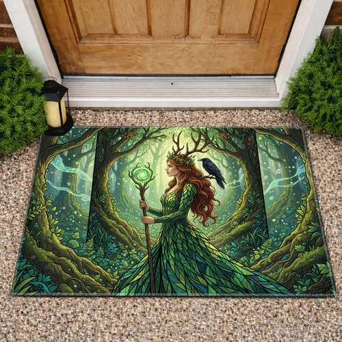 Deer Antler Spirit Woman Glowing Orb Raven - Woodland Decor Gift Doormat