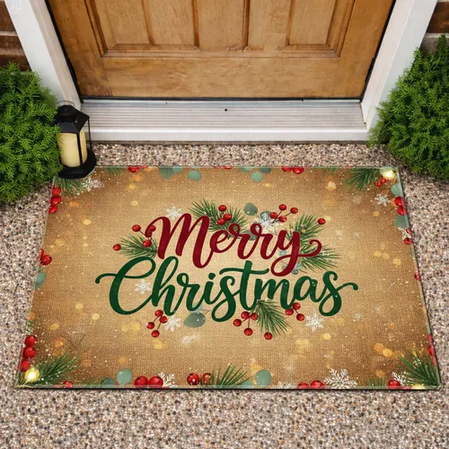 Merry Christmas Holly Pine Snowflakes Golden Lights - Rustic Holiday Decor Doormat