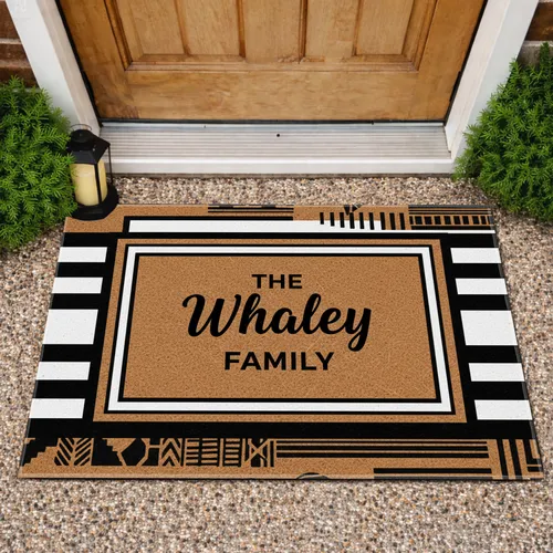 Custom Family Name Welcome Sign - Brown Black Striped Outdoor Decor Doormat
