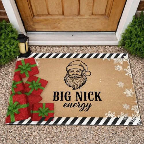 Santa Claus Beard Hat BIG NICK Energy Red Gift Boxes Snowflakes Christmas Holiday Doormat