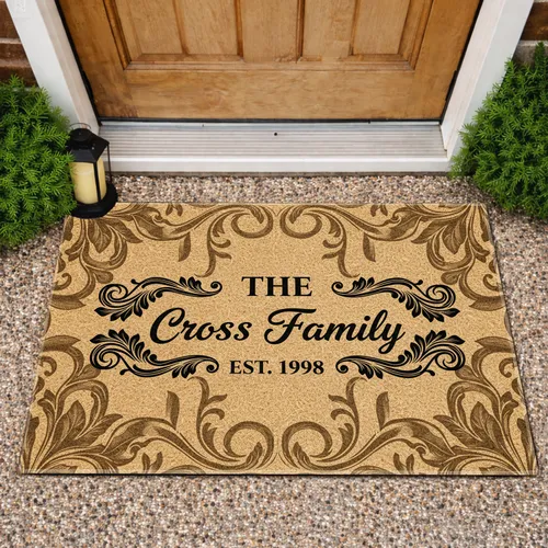 Custom Family Name and Year Leafy Scrollwork – Rustic Home Decor Gift Doormat