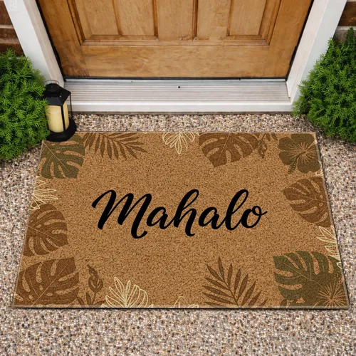 Mahalo Script Black Tropical Monstera Hibiscus Texture - Home Decor Gift Doormat