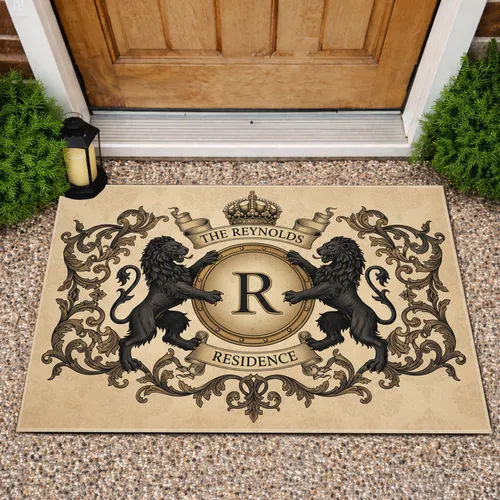 Black Lions Crest Shield Custom Family Name - Elegant Home Decor for Family Residence Doormat