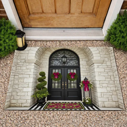Stone Archway Double Doors Boxwood Wreaths Potted Plants Lantern - Home Decor Doormat