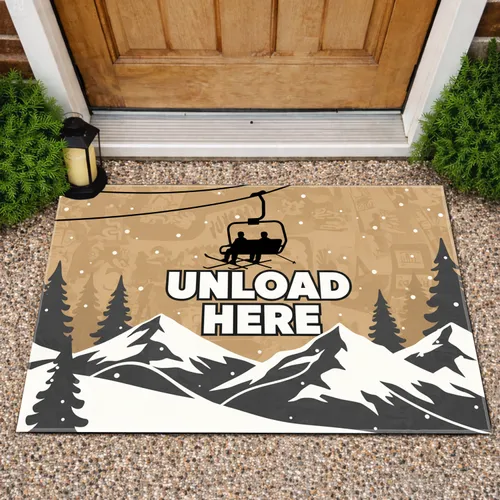 Unload Here Ski Lift Mountain Peaks Snow Scene - Winter Sports Holiday Decor Gift Doormat