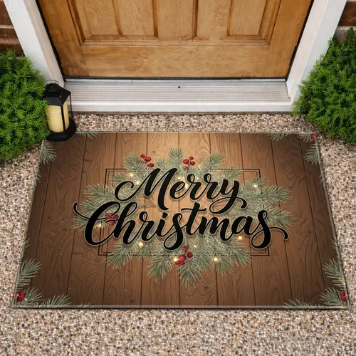 Merry Christmas Text Pine Holly Gold Lights - Christmas Holiday Home Decor Gift Doormat