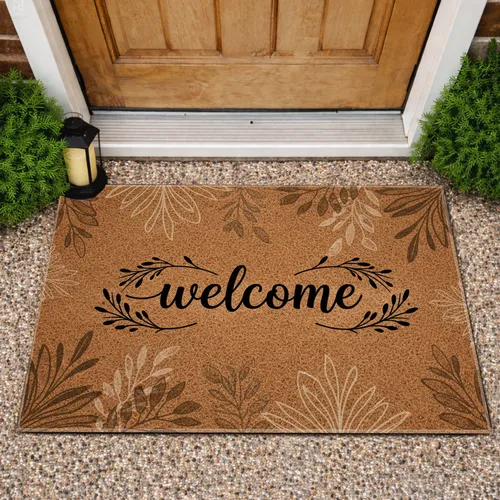 Welcome Cursive Botanical Branch Natural Fibrous Texture - Housewarming Home Decor Gift Doormat