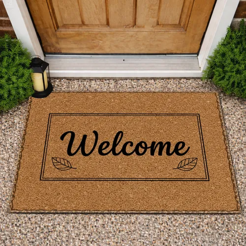 Welcome Script Black Leaf Motifs Background - Home Decor Gift Doormat