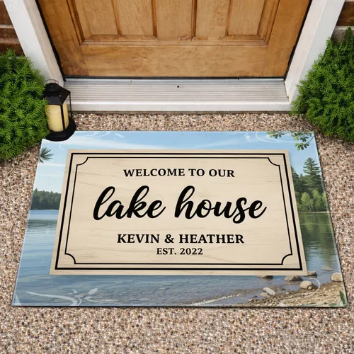 Welcome Lake House Text Landscape Custom Family Name and Year - Housewarming Gift for New Homeowners Doormat