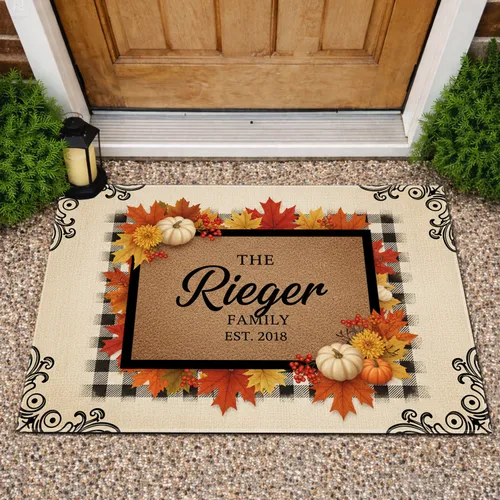 Rustic Doormat Custom Family Name and Year Autumn Leaves Pumpkins - Fall Home Decor
