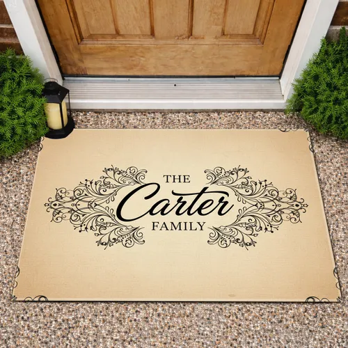 Custom Family Name Script Black Flourishes Tan Canvas - Outdoor Home Decor Gift for Families Doormat