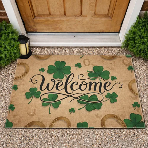 Flowing Welcome Shamrocks Lucky Horseshoes - Front Door Home Entryway Decor Doormat