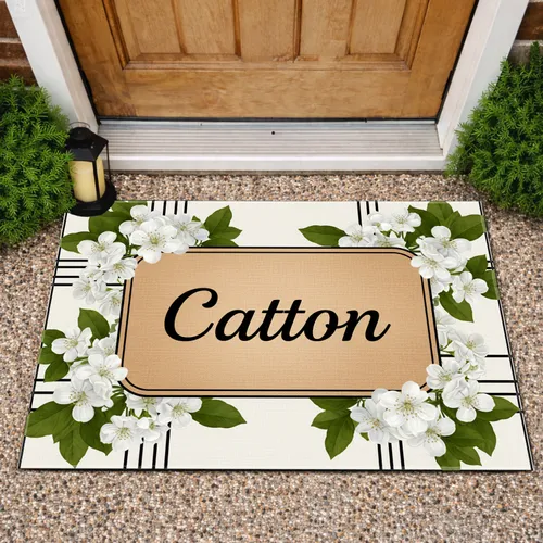 Custom Name Rounded Panel White Flowers Green Foliage Black White Stripes - Home Decor Gift Doormat