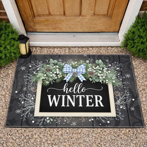 Black Chalkboard hello WINTER Sign Frosted Greenery - Winter Welcome Home Decor Doormat
