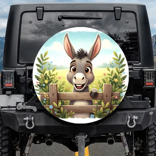 Cartoon Donkey Peeking Rustic Fence Countryside Scene - Farmhouse Decor Gift for Donkey Lover Spare Tire Cover