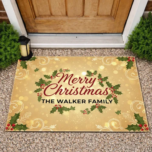 Festive Merry Christmas Custom Name Holly Ivy Golden Parchment - Christmas Holiday Decor Doormat