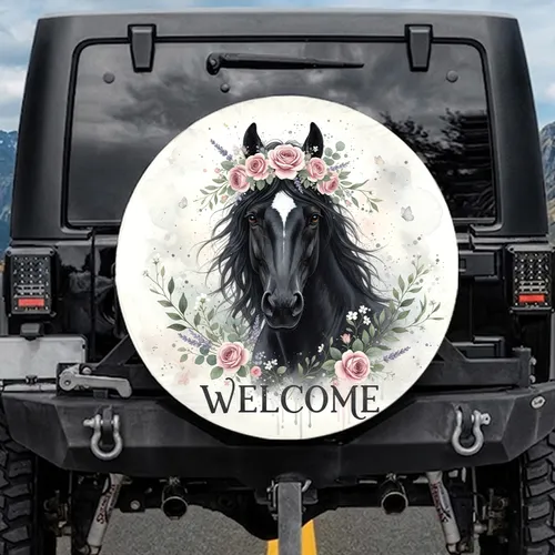 Black Horse Floral Crown Welcome Eucalyptus Butterflies Spare Tire Cover