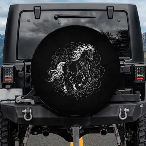Prancing Horse Majestic Flowing Mane Tail Black Background - Horse Lover Vehicle Decor Gift Spare Tire Cover