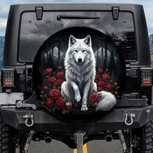 Majestic White Wolf Crimson Roses Misty Forest - Wildlife Lover Gift Spare Tire Cover