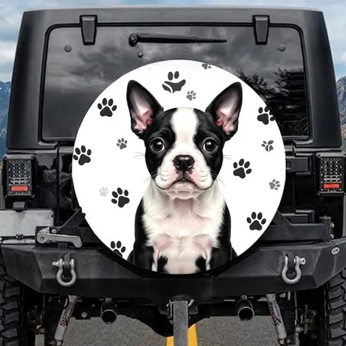 Pink Nose Boston Terrier Puppy Black White Fur with Scattered Paw Prints - Dog Lover Gift Spare Tire Cover