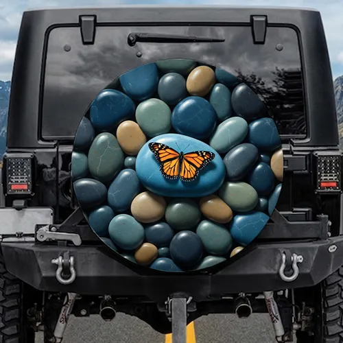 Monarch Butterfly River Stone Scene - Wildlife Lover Outdoor Adventure Gift for Travelers Spare Tire Cover