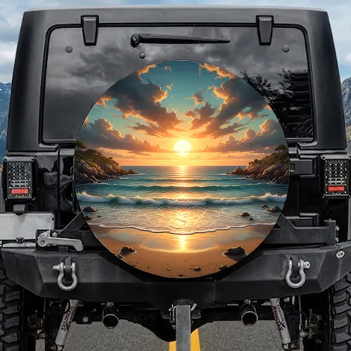 Golden Sun Ocean Waves Rocky Coast & Mediterranean Plants - Outdoor Lifestyle Gift Spare Tire Cover