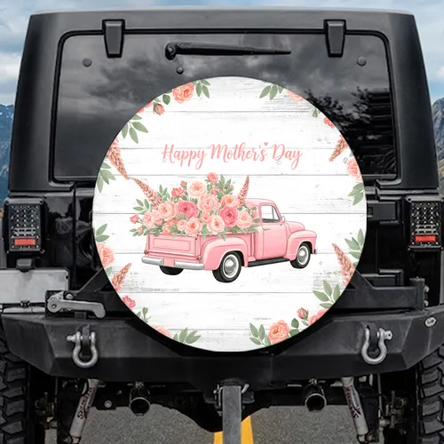 Vintage Pink Pickup Truck Flowers Happy Mother's Day Gift for Mom Spare Tire Cover