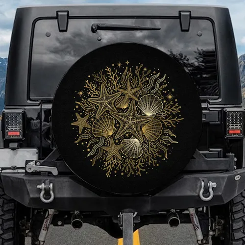 Golden Starfish Scallop Shells Marine Coral - Coastal Car Decor Gift Spare Tire Cover