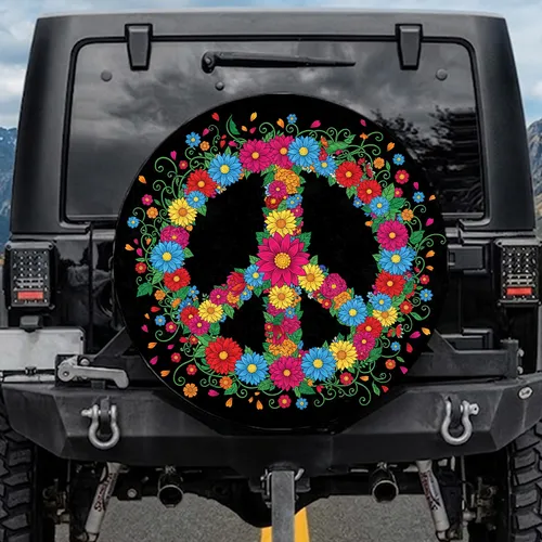 Floral Mosaic Peace Symbol - Boho Lifestyle Peace Lover Gift Spare Tire Cover
